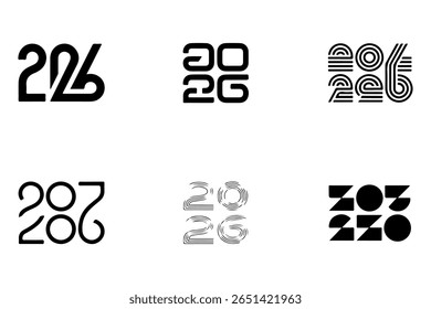 Six Unique Black and White 2026 Number Designs Geometric Style Typography Variations