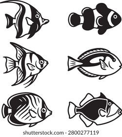 Six unique black and white stylized illustrations of different tropical fish isolated on transparent background