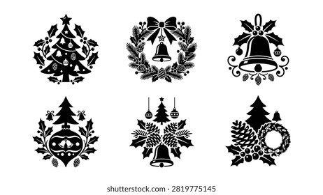 Six unique black and white vector illustrations featuring Christmas trees bells wreaths and festive greenery on transparent backgrounds