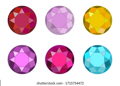 Six unique buttons in the form of precious stones. Buttons in the form of stones of different colors. Buttons in the form of diamonds, topazes, rubies, chrysolite. Vector illustration.  