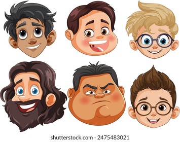 Six unique cartoon character faces with various expressions