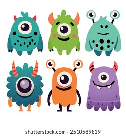 Six unique cartoon monster characters in vibrant colors and playful designs, perfect for children’s content, creative projects, and fun graphics