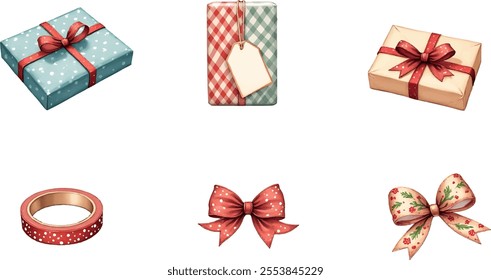 Six unique gift wrapping items displayed in two rows, featuring beautifully designed boxes and ribbons ideal for holiday celebrations. Perfect for Christmas gift presentations.