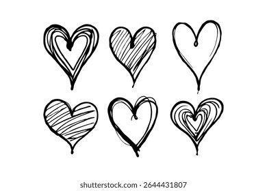 Six unique hand-drawn black hearts with creative designs on a white background, artwork for love and romance concepts. Valentine's day illustration.