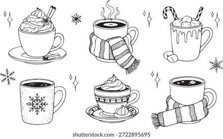 Six unique illustrations of hot beverages in mugs and cups, decorated with whipped cream, marshmallows, candy canes, and cinnamon sticks, perfect for winter themes.