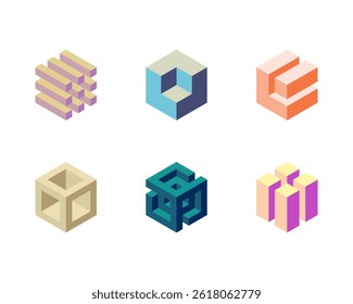 Six unique isometric cube designs in pastel colors.  Perfect for branding, technology, architecture, or abstract design projects.  Represents innovation, structure, and interconnectedness.