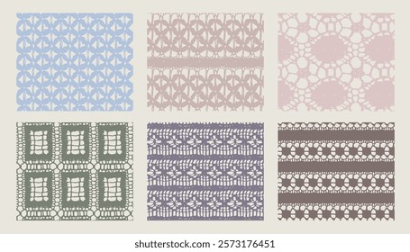 Six Unique Lace Fabric Patterns in Soft Pastel Tones.