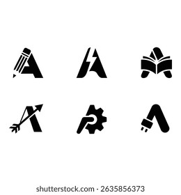 Six unique A logos, each embodying a distinct concept writing, power, learning, precision, mechanics, and electricity. Flat black design against a white background.