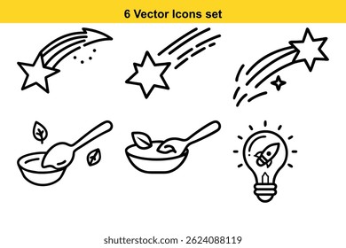Six unique and playful vector icons featuring shooting stars and simple food illustrations, perfect for various design projects.