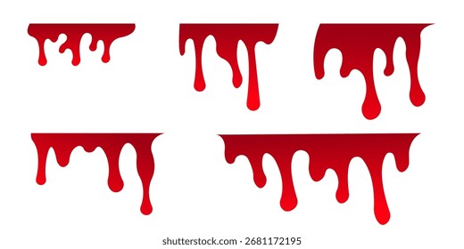 Sechs einzigartige rote Farbtropfen-Designs, perfekt für Horror-, Grunge- oder abstrakte Projekte. Hochwertige Vektorgrafiken für einfache Skalierung und Anpassung.