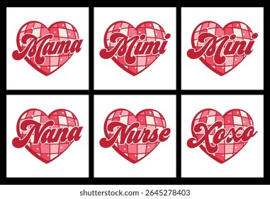 Six unique retro-style heart designs with affectionate names ideal for crafting projects and personalized gifts. Download now
