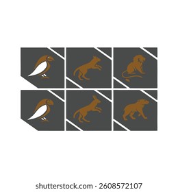 Six unique, stylized animal icons featuring a bird, cat, and lion in different poses, arranged in a grid.  Perfect for logos or branding.