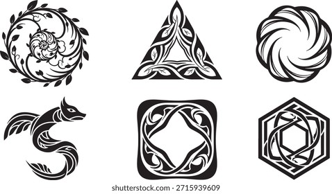 Seis ilustraciones tribales únicas que incluyen una corona floral, un triángulo geométrico, un dragón en espiral y marcos ornamentales en negro.