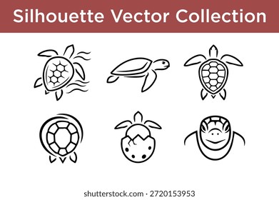 Six unique turtle silhouettes collection isolated on white background