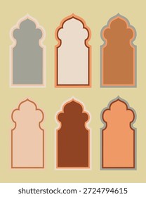 Seis marcos de ventana arqueados de colores y formas únicos se muestran contra un fondo suave y apagado.