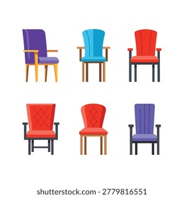Six upholstered chairs in red blue and purple are arranged in two rows on a light gray background. The seats show different backrest shapes armrests and leg designs.