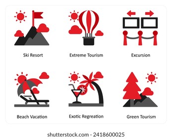 
Six vacation icons in red and black as ski resort, extreme tourism, excursion
