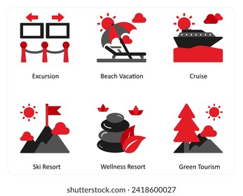 
Six vacation icons in red and black as excursion, beach vacation, cruise
