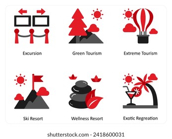 
Six vacation icons in red and black as excursion, green tourism, extreme tourism 
