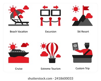 
Six vacation icons in red and black as beach vacation, excursion, ski resort
