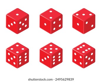 Sechs Varianten rote Spielwürfel isoliert auf weißem Hintergrund. Icons in realistischem Stil. Glücksspielkonzept.