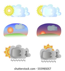 Six variants of weather - sun and clouds. Cloudy day, evening, sunset, rain
