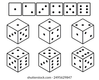 Six variants white game cubes isolated on white background. Gambling concept.