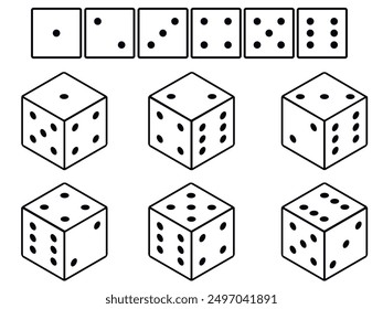 Six variants white game cubes isolated on white background. Gambling concept.