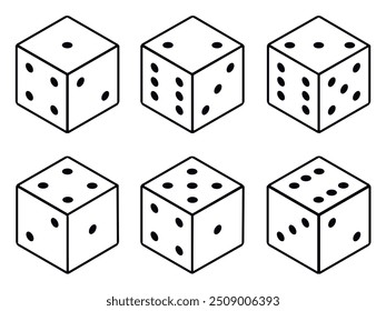 Seis variantes de cubos de juego blanco aislados sobre fondo blanco. Concepto de juego.