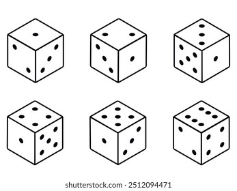 Seis variantes de cubos de juego blanco aislados sobre fondo blanco. Concepto de juego.