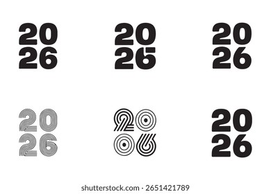Seis Variantes de 2026 Año Número Diseños Negro Estilos audaces y lineales Fondo blanco