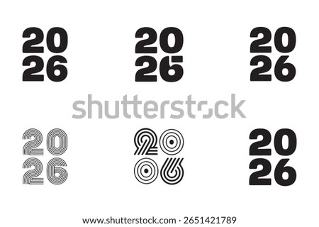 Six Variations of 2026 Year Number Designs Black Bold and Linear Styles White Background
