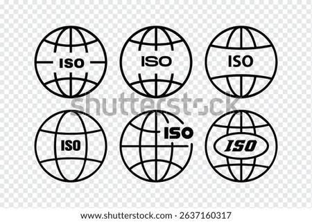 Six variations of ISO globe icons, designed for global standards. These high-quality icons offer diverse stylistic representations of the world.