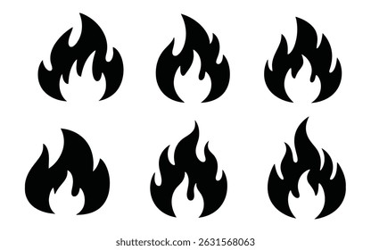 Six variations of a simple black flame icon, perfect for design projects needing a fire symbol.