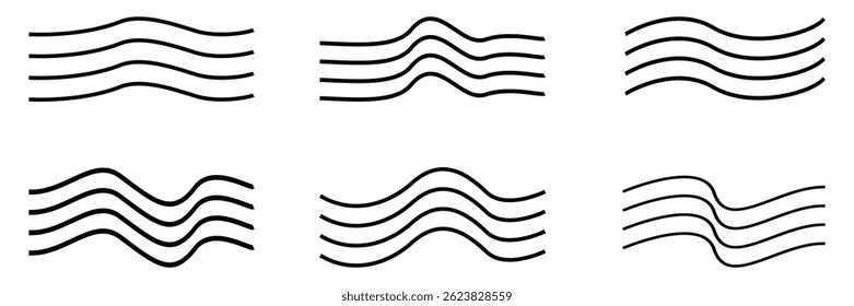 Six variations of wavy lines, perfect for postage stamp designs or decorative elements.