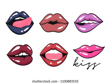 Six various expressions of lips. Colored vector set. All objects are isolated