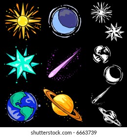 Six vector celestial symbols in woodcut style (color and black & white)