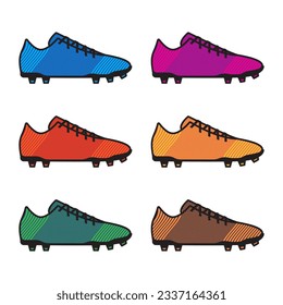 Six vector colored football boots on a white background.