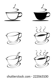 Six vector cups sketches isolated on white.