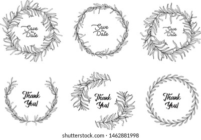 Six vector hand drawn laurel wreath collection isolated on white. Vintage rustic round set of frames with leaves and branches. Perfect for wedding stationery, greeting, quote, social media, poster