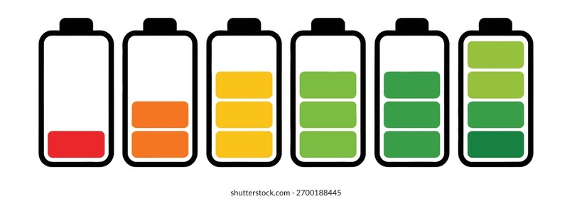 Seis iconos vectoriales que muestran los niveles de Recargo de la batería. La progresión varía desde una batería vacía con un indicador rojo hasta una batería verde completamente cargada sobre un fondo blanco.