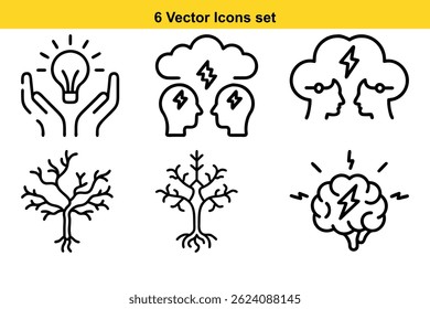 Conjunto de seis ícones vetoriais: ilustrações de cérebro, ideia, lista de verificação e processo mental