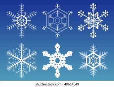 Six vector illustration snowflakes isolated over gradient blue background