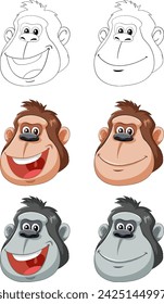 Six vector illustrations of cheerful monkey faces.