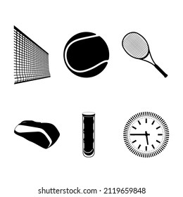 Six vector monochrome tennis icons on a white background. Sport symbol of net, ball, racket, bag, tube and clock.