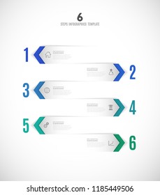 Six vector progress steps illustration with arrows, icons and place for your company text.
