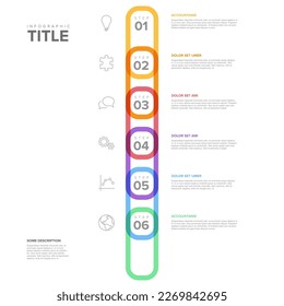 Plantilla de seis pasos de progreso vertical redondeados vectoriales con números, iconos y descripciones. Plantilla de esquema de procedimiento de progreso minimalista simple con seis elementos de pasos pastel sobre fondo blanco