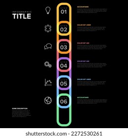 Six vector rounded vertical progress steps template with numbers, icons and descriptions. Simple minimalistic progress procedure schema template with six pastel steps elements on black background