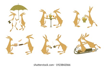 Six vector scenes with cute bunnies. Hares prepare food, drink tea, cocktails, go on dates, walk under an umbrella. Vector illustration for children isolated on white background.