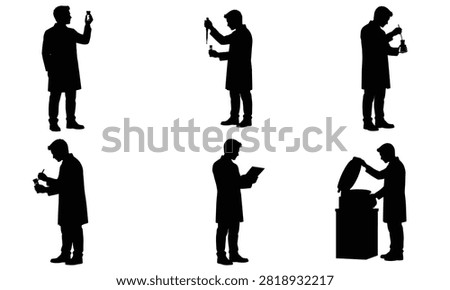 Six vector silhouettes of a male scientist in a lab coat performing laboratory tasks: handling chemicals, recording observations, analyzing data, and managing waste. This represents scientific research.